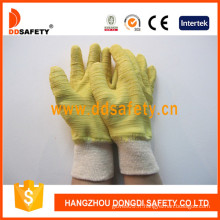 Gants froissés de latex de jaune, gants de coton avec le poignet tricoté (DCL410)